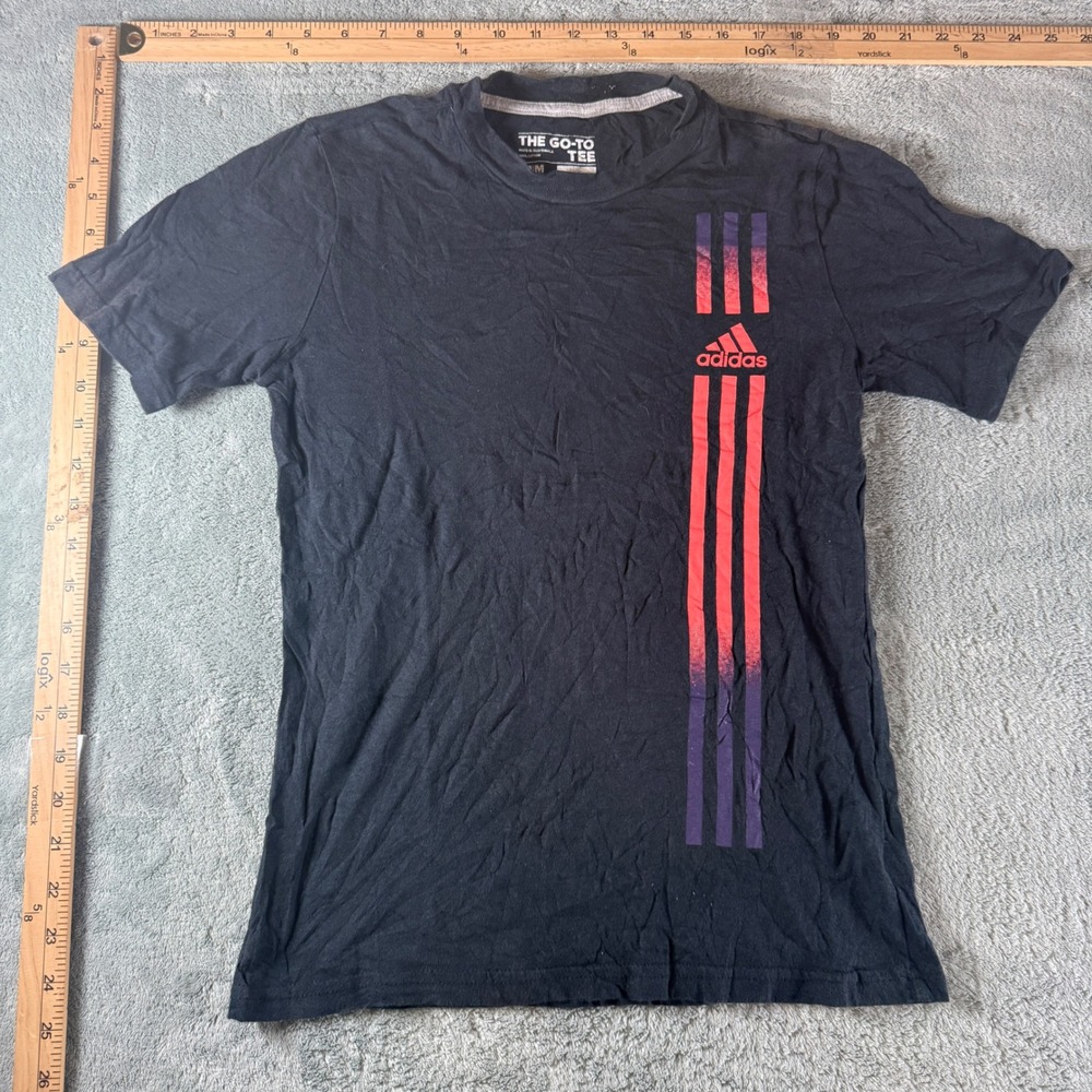 Adidas Boys The Go-To Tee Black Red Purple Stripe Graphic T-Shirt M 10/12